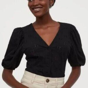 H&M Black Eyelet Puff Sleeve Blouse Stretch Jersey V-Neck - XS